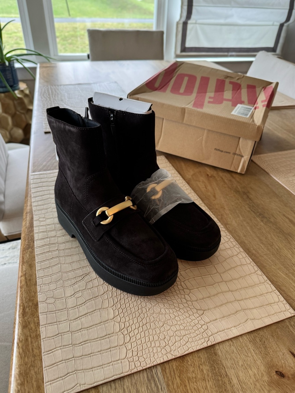 NWT FitFlop Suede Chunky-Snaffle Demi Wedge Boots